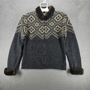Talbots Collection Small Sweater Knit Faux Fur Collar Cuff Wool Fair‎ Isle Aztec
